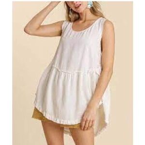 UMGEE L white linen blend fray trim oversized tank tunic scoop neck split sides